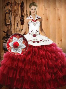 Embroidery and Ruffled Layers 15 Quinceanera Dress Wine Red Lace Up Sleeveless Floor Length