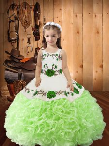 Perfect Yellow Green Ball Gowns Straps Sleeveless Fabric With Rolling Flowers Floor Length Lace Up Embroidery and Ruffles Girls Pageant Dresses