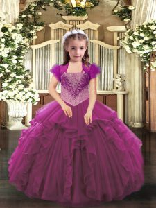 Exquisite Fuchsia Ball Gowns Organza Straps Sleeveless Beading and Ruffles Floor Length Lace Up High School Pageant Dress