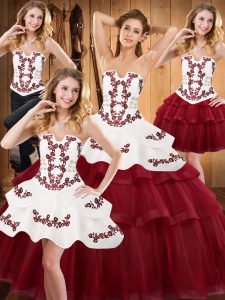 Fabulous Embroidery and Ruffled Layers Sweet 16 Dress Burgundy Lace Up Sleeveless With Train