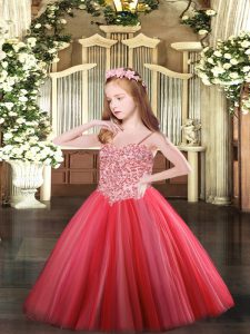 Floor Length Lace Up Little Girl Pageant Dress Coral Red for Party and Quinceanera with Appliques