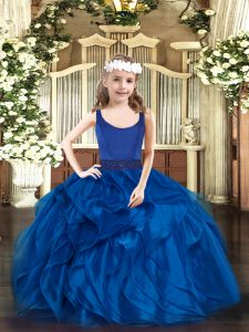Blue Zipper Little Girls Pageant Dress Beading and Ruffles Sleeveless Floor Length