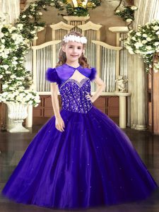 Sleeveless Floor Length Beading Lace Up Pageant Dress with Purple
