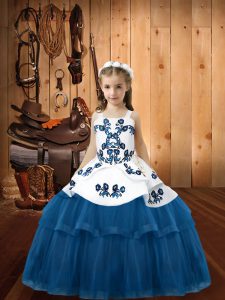 Blue Ball Gowns Embroidery Pageant Dress Toddler Lace Up Tulle Sleeveless Floor Length