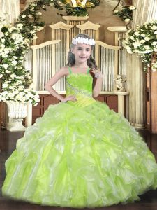 Yellow Green Straps Lace Up Beading and Ruffles Pageant Dress for Girls Sleeveless