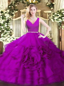 Fuchsia Sleeveless Fabric With Rolling Flowers Zipper Vestidos de Quinceanera for Military Ball and Sweet 16 and Quinceanera
