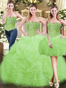 Modern Sweetheart Sleeveless Quinceanera Gowns Floor Length Beading and Ruffles Yellow Green Organza