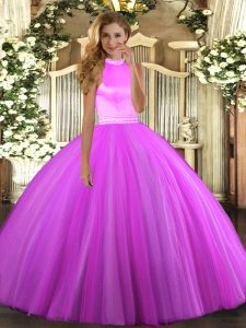 Rose Pink and Lilac Tulle Backless Halter Top Sleeveless Floor Length Ball Gown Prom Dress Beading