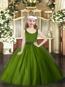 Scoop Sleeveless Pageant Dress for Girls Floor Length Beading Olive Green Tulle