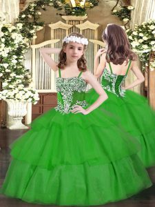 Luxurious Green Organza Lace Up Pageant Gowns Sleeveless Floor Length Appliques and Ruffled Layers