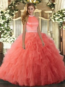Comfortable Ball Gowns Quinceanera Gown Orange Red Halter Top Organza Sleeveless Floor Length Backless