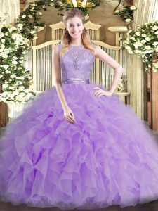 Lavender Backless Scoop Beading and Ruffles Quinceanera Gowns Tulle Sleeveless