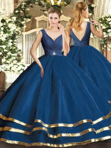 Flirting Navy Blue 15th Birthday Dress Sweet 16 and Quinceanera with Beading and Ruffled Layers V-neck Sleeveless Backless