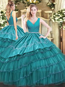 Sleeveless Satin and Organza Floor Length Zipper Quinceanera Dresses in Teal with Embroidery and Ruffled Layers