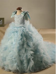 Sleeveless Tulle Brush Train Zipper Little Girls Pageant Dress Wholesale in Light Blue with Beading and Ruffles and Bowknot