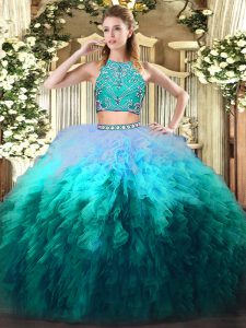 Multi-color Two Pieces Beading and Ruffles Quinceanera Gowns Zipper Tulle Sleeveless Floor Length