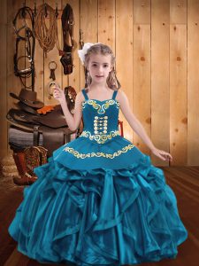 Teal Organza Lace Up Little Girl Pageant Gowns Sleeveless Floor Length Embroidery and Ruffles