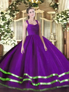 Clearance Purple Sleeveless Floor Length Beading and Ruffled Layers Zipper Sweet 16 Dress
