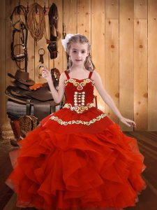 Coral Red Organza Lace Up Pageant Gowns Sleeveless Floor Length Embroidery and Ruffles