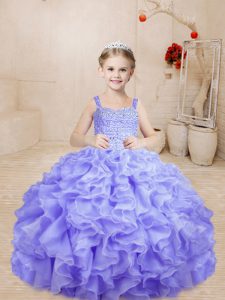 Lavender Sleeveless Floor Length Beading and Ruffles Lace Up Kids Pageant Dress