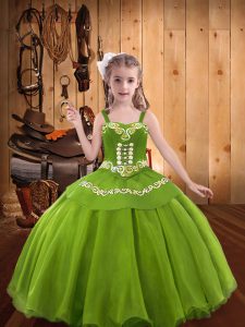 Simple Olive Green Lace Up Kids Formal Wear Embroidery Sleeveless Floor Length
