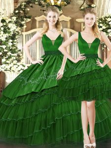 Noble Floor Length Dark Green Quinceanera Gown Straps Sleeveless Lace Up