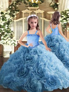 Fabric With Rolling Flowers Straps Sleeveless Lace Up Appliques Custom Made Pageant Dress in Baby Blue