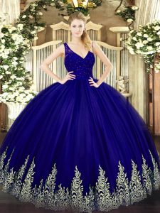 Royal Blue Ball Gowns Beading and Appliques 15 Quinceanera Dress Zipper Tulle Sleeveless Floor Length