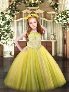 Scoop Sleeveless Little Girls Pageant Dress Wholesale Floor Length Beading Yellow Tulle