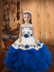 Embroidery and Ruffles Kids Pageant Dress Blue Lace Up Sleeveless Floor Length