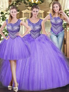 Perfect Lavender Tulle Lace Up Scoop Sleeveless Floor Length Ball Gown Prom Dress Beading and Ruffles