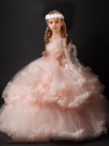 New Arrival Pink Sleeveless Tulle Brush Train Criss Cross Little Girl Pageant Dress for Wedding Party