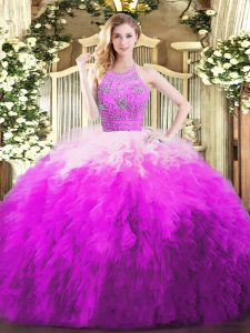 Glamorous Multi-color Sweet 16 Quinceanera Dress Military Ball and Sweet 16 and Quinceanera with Beading and Ruffles Halter Top Sleeveless Zipper