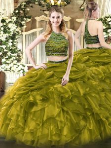 Olive Green Sleeveless Floor Length Beading and Ruffles Zipper Quinceanera Gown