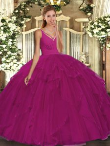 Romantic Fuchsia Sleeveless Ruffles Floor Length Quince Ball Gowns