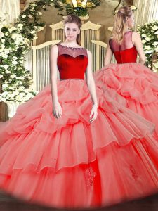 Classical Floor Length Watermelon Red Sweet 16 Dress Organza Sleeveless Beading and Appliques