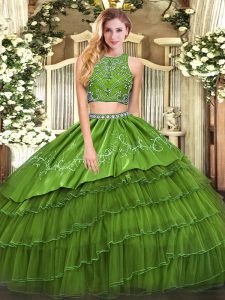 Attractive Tulle High-neck Sleeveless Zipper Beading and Embroidery and Ruffled Layers Womens Party Dresses in Olive Green