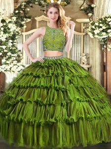 High-neck Sleeveless Juniors Party Dress Floor Length Beading and Ruffled Layers Olive Green Tulle