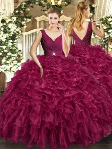 Burgundy Ball Gowns Beading and Ruffles Sweet 16 Dresses Backless Organza Sleeveless Floor Length