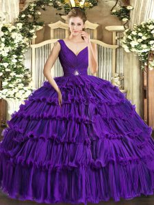 Fantastic Beading and Ruffled Layers Sweet 16 Dress Purple Backless Sleeveless Floor Length
