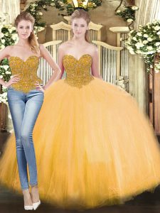 Gold Sleeveless Beading Floor Length Ball Gown Prom Dress