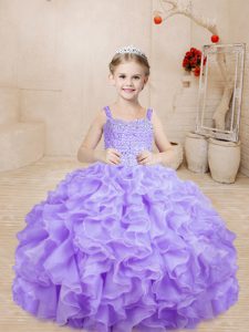 Custom Designed Straps Sleeveless Lace Up Little Girls Pageant Dress Lavender Organza