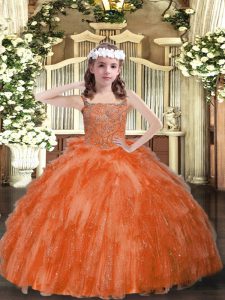 Organza Straps Sleeveless Lace Up Beading and Ruffles Pageant Gowns For Girls in Orange Red
