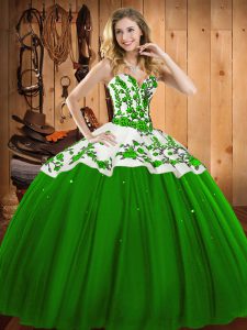 Unique Floor Length Lace Up Sweet 16 Dress Green for Military Ball and Sweet 16 and Quinceanera with Appliques and Embroidery