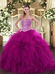 Fuchsia Sleeveless Organza Lace Up Vestidos de Quinceanera for Military Ball and Sweet 16 and Quinceanera