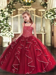 Fashion Red Ball Gowns Tulle Straps Sleeveless Beading and Ruffles Floor Length Lace Up Pageant Dress for Girls