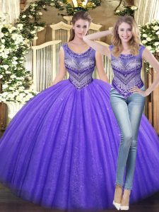 Spectacular Lavender Ball Gowns Beading Quinceanera Gowns Lace Up Tulle Sleeveless Floor Length