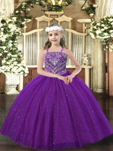 Attractive Ball Gowns Child Pageant Dress Purple Straps Tulle Sleeveless Floor Length Lace Up