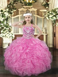 Lovely Straps Sleeveless Lace Up Pageant Gowns For Girls Rose Pink Organza