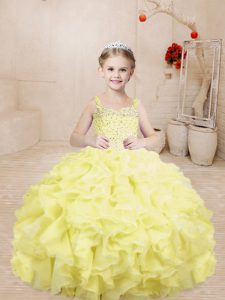 Customized Organza Straps Sleeveless Lace Up Beading and Ruffles Kids Formal Wear in Light Yellow